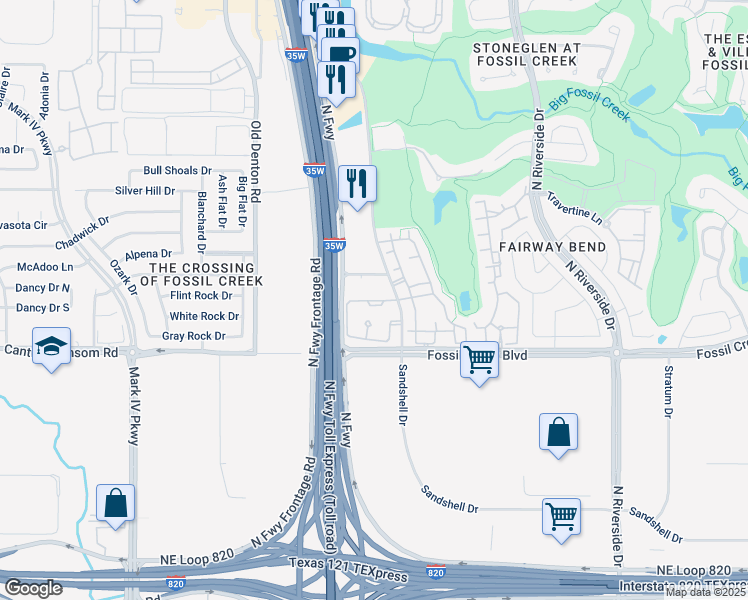 map of restaurants, bars, coffee shops, grocery stores, and more near 5701 Sandshell Drive in Fort Worth