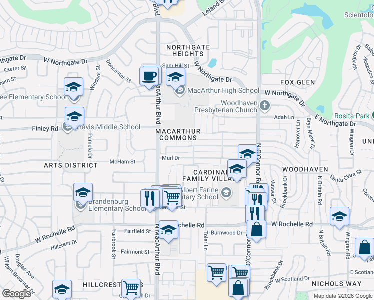 map of restaurants, bars, coffee shops, grocery stores, and more near 921 McCoy Drive in Irving
