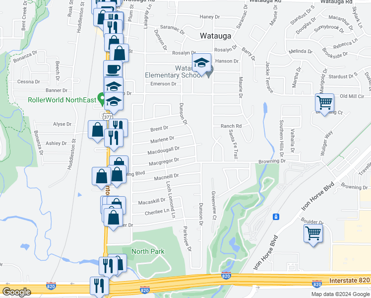 map of restaurants, bars, coffee shops, grocery stores, and more near 5732 Macdougall Drive in Haltom City