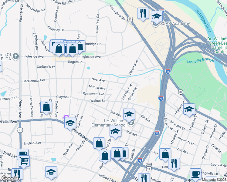 map of restaurants, bars, coffee shops, grocery stores, and more near 2055 Mutual Avenue in Macon