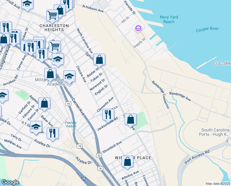 map of restaurants, bars, coffee shops, grocery stores, and more near 1824a Clements Avenue in North Charleston