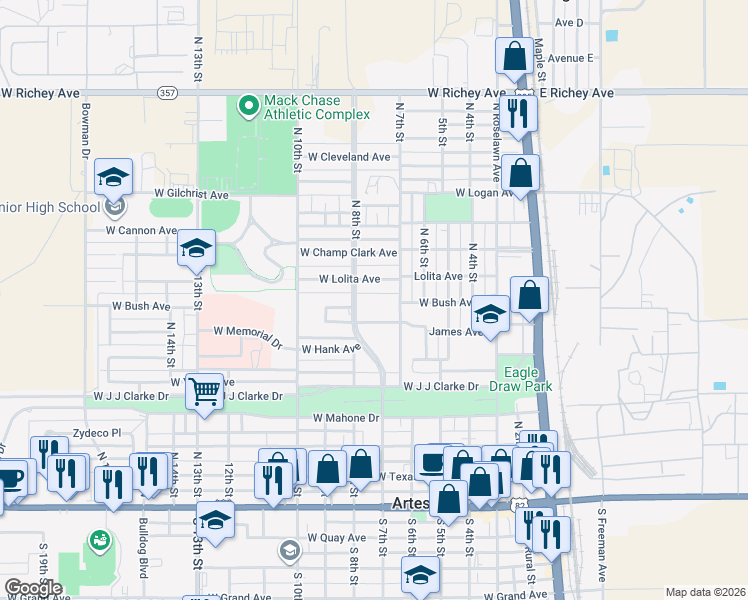 map of restaurants, bars, coffee shops, grocery stores, and more near 700-798 West Bush Avenue in Artesia