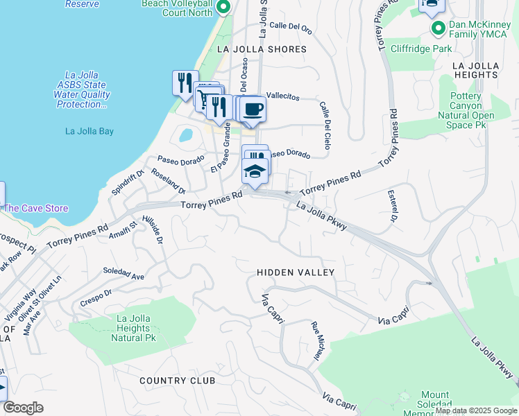 map of restaurants, bars, coffee shops, grocery stores, and more near 2225 Torrey Pines Lane in San Diego