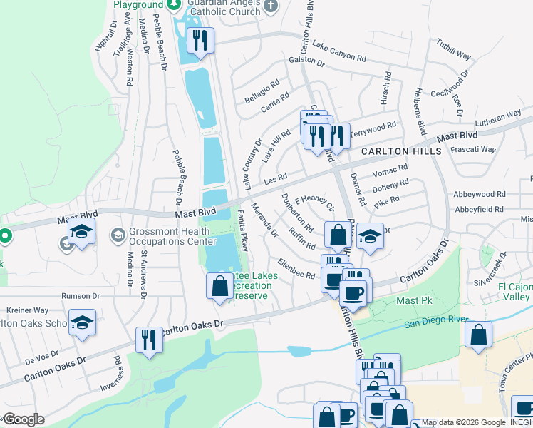 map of restaurants, bars, coffee shops, grocery stores, and more near 9106 Maranda Drive in Santee