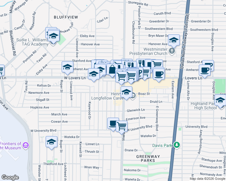 map of restaurants, bars, coffee shops, grocery stores, and more near 7714 Morton Street in Dallas