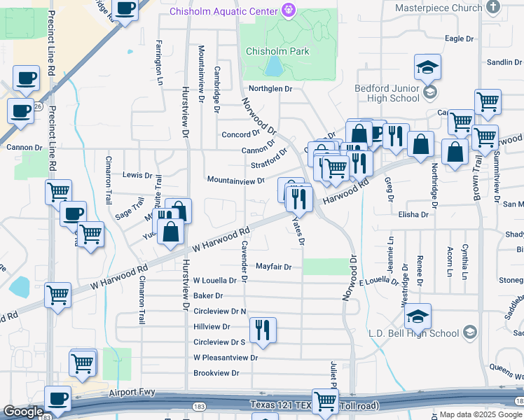 map of restaurants, bars, coffee shops, grocery stores, and more near 324 Country Green Phase 2 in Hurst