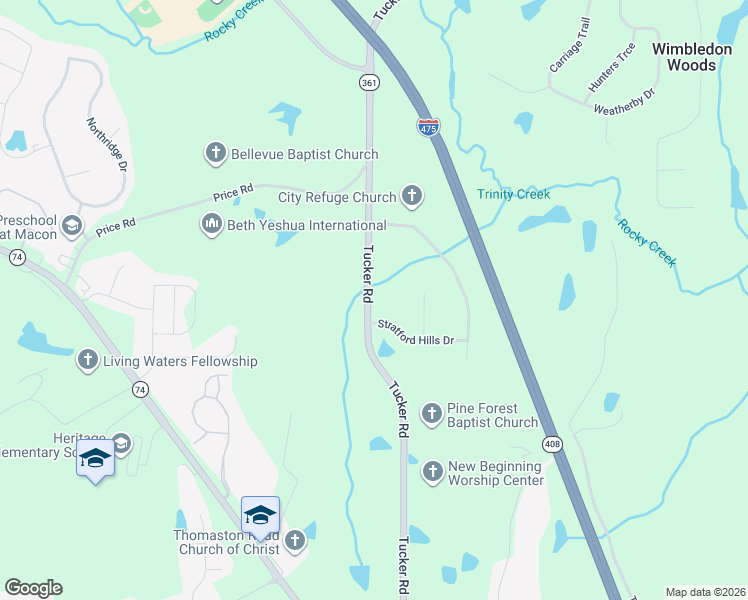 map of restaurants, bars, coffee shops, grocery stores, and more near 1648 Tucker Road in Macon