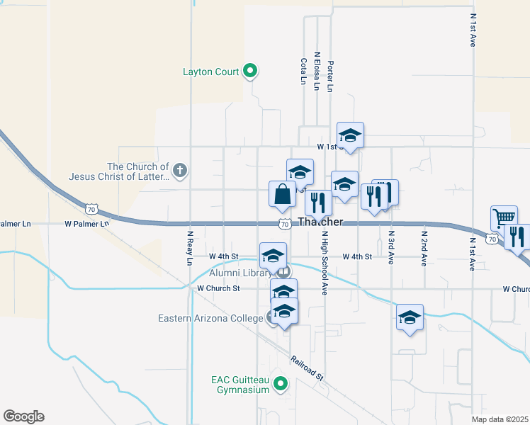 map of restaurants, bars, coffee shops, grocery stores, and more near 1157 North Stadium Avenue in Thatcher