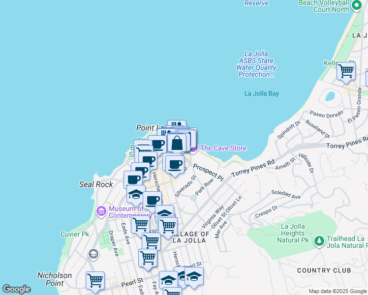 map of restaurants, bars, coffee shops, grocery stores, and more near 1235 Coast Boulevard in San Diego
