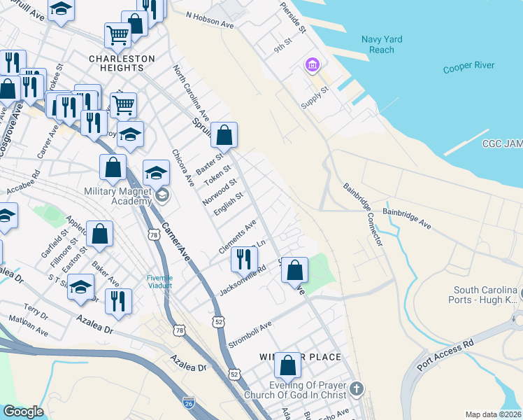map of restaurants, bars, coffee shops, grocery stores, and more near 1824a Clements Avenue in North Charleston