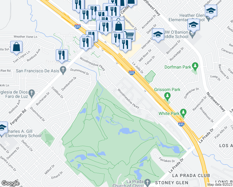 map of restaurants, bars, coffee shops, grocery stores, and more near 2 Woodmeadow Parkway in Dallas