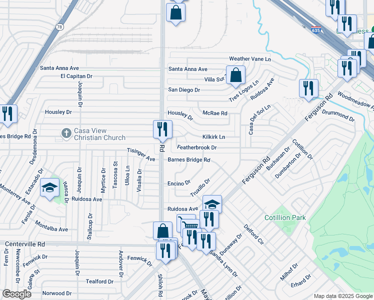 map of restaurants, bars, coffee shops, grocery stores, and more near 11715 Featherbrook Drive in Dallas