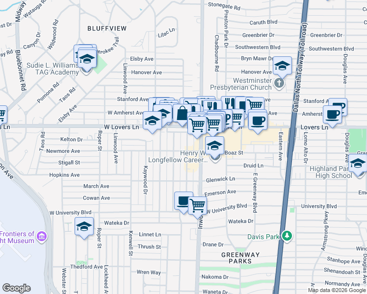 map of restaurants, bars, coffee shops, grocery stores, and more near 7714 Morton Street in Dallas
