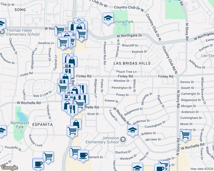 map of restaurants, bars, coffee shops, grocery stores, and more near 3213 Harvard Street North in Irving