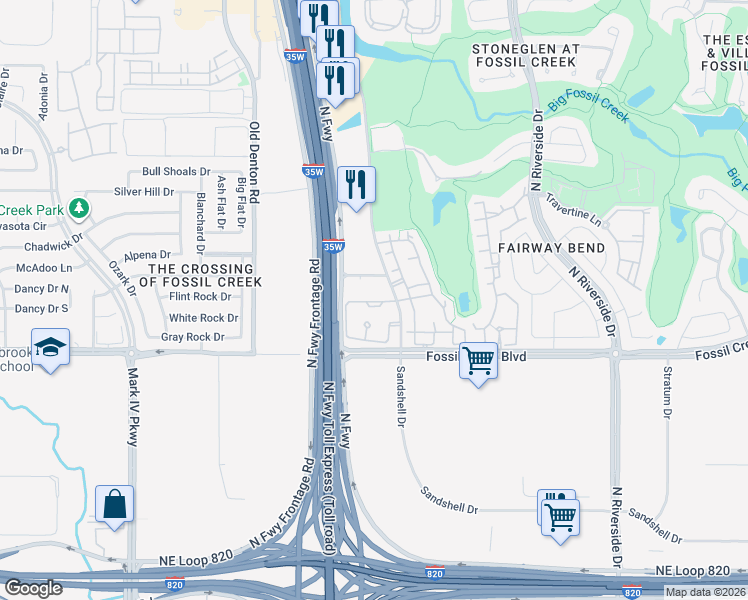map of restaurants, bars, coffee shops, grocery stores, and more near 5801 Sandshell Drive in Fort Worth