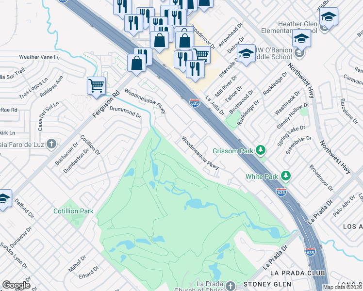 map of restaurants, bars, coffee shops, grocery stores, and more near 2 Woodmeadow Parkway in Dallas