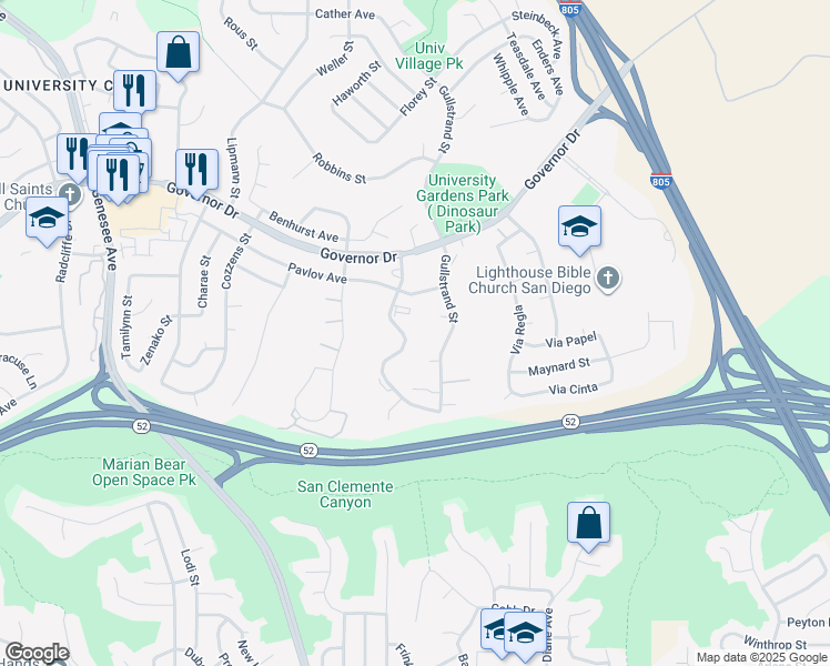 map of restaurants, bars, coffee shops, grocery stores, and more near 6031 Kantor Street in San Diego