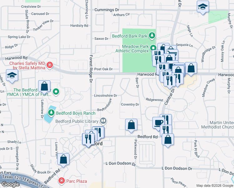 map of restaurants, bars, coffee shops, grocery stores, and more near 1809 Lincolnshire Drive in Bedford
