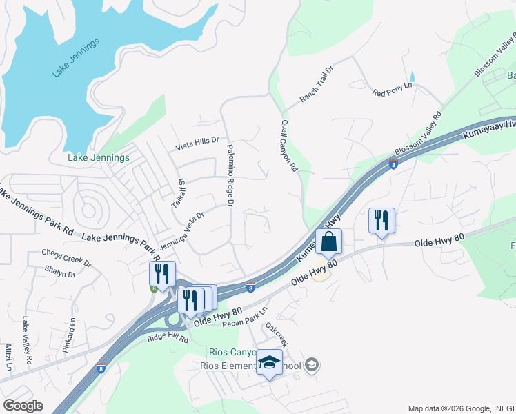 map of restaurants, bars, coffee shops, grocery stores, and more near 9260 Palomino Ridge Drive in Lakeside