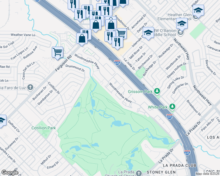 map of restaurants, bars, coffee shops, grocery stores, and more near 2 Woodmeadow Parkway in Dallas