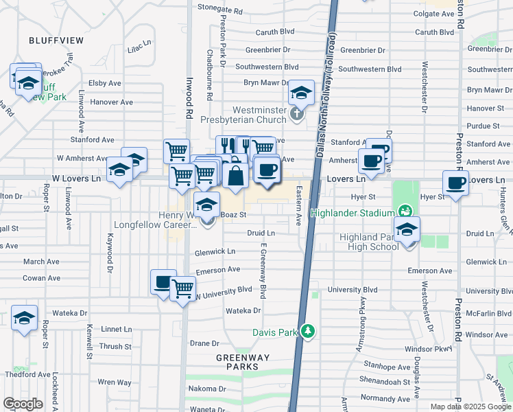 map of restaurants, bars, coffee shops, grocery stores, and more near 5611 West Lovers Lane in Dallas