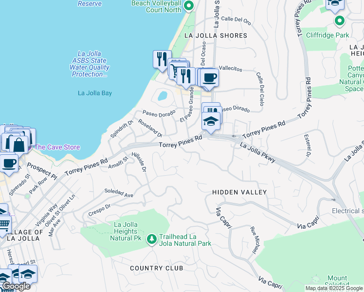 map of restaurants, bars, coffee shops, grocery stores, and more near 7892 East Roseland Drive in San Diego