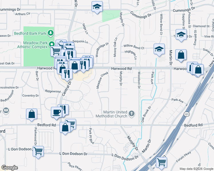 map of restaurants, bars, coffee shops, grocery stores, and more near 2721 Meadow Green in Bedford