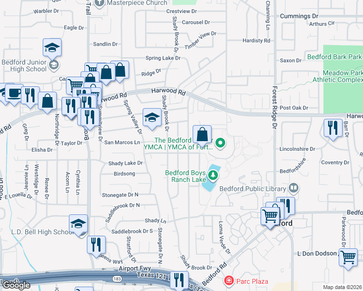 map of restaurants, bars, coffee shops, grocery stores, and more near 2513 Shady Meadow Drive in Bedford