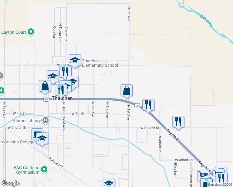 map of restaurants, bars, coffee shops, grocery stores, and more near 3136 West Main Street in Thatcher