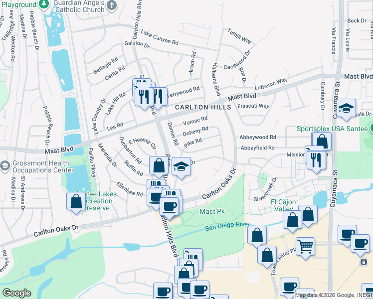 map of restaurants, bars, coffee shops, grocery stores, and more near 9429 Pike Road in Santee
