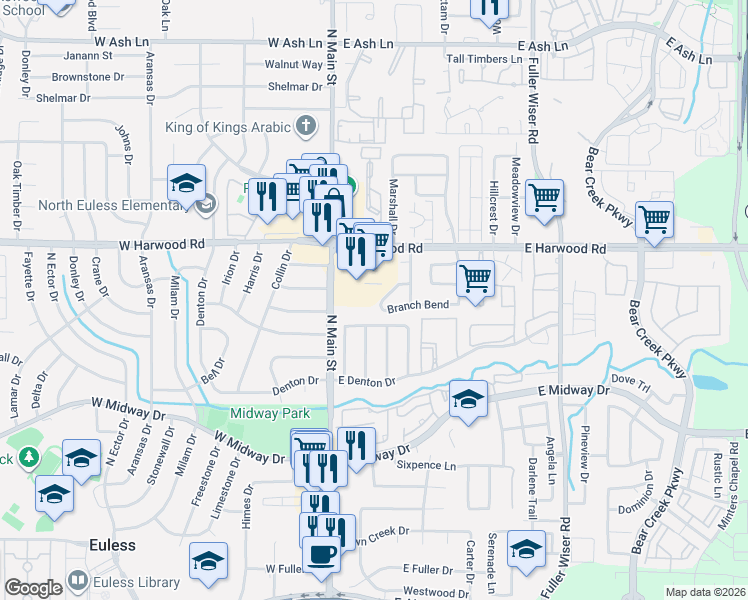 map of restaurants, bars, coffee shops, grocery stores, and more near 902 Waterford Way in Euless
