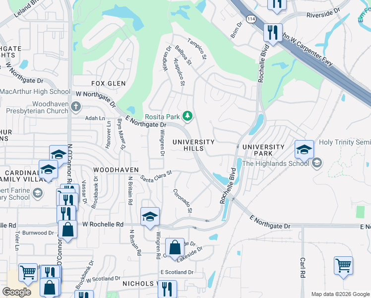 map of restaurants, bars, coffee shops, grocery stores, and more near 318 San Mateo Court in Irving