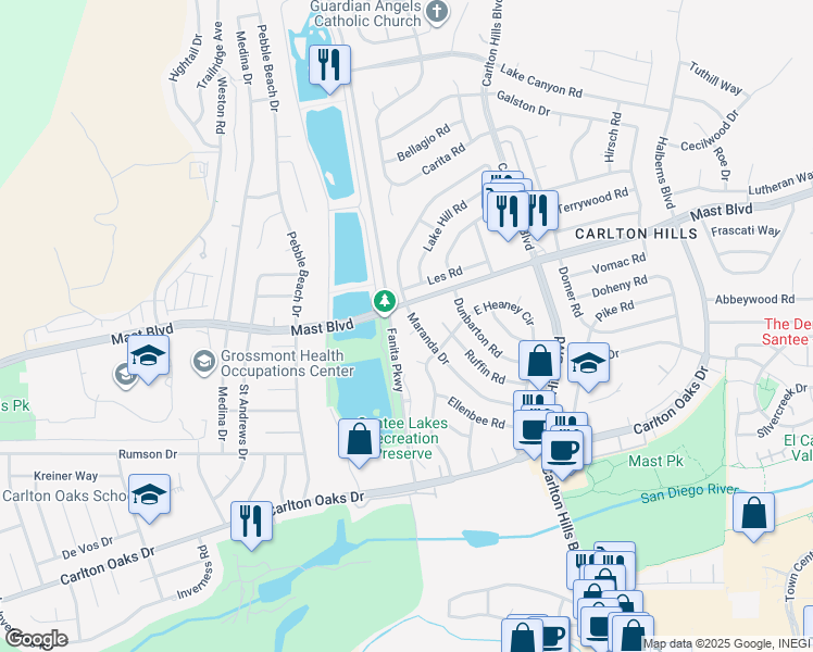 map of restaurants, bars, coffee shops, grocery stores, and more near 9022 Rupp Court in Santee