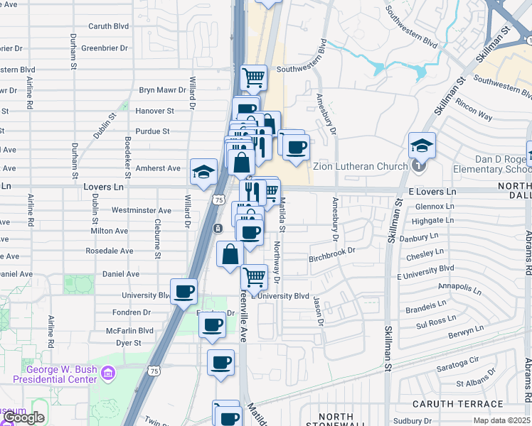 map of restaurants, bars, coffee shops, grocery stores, and more near 5750 East Lovers Lane in Dallas