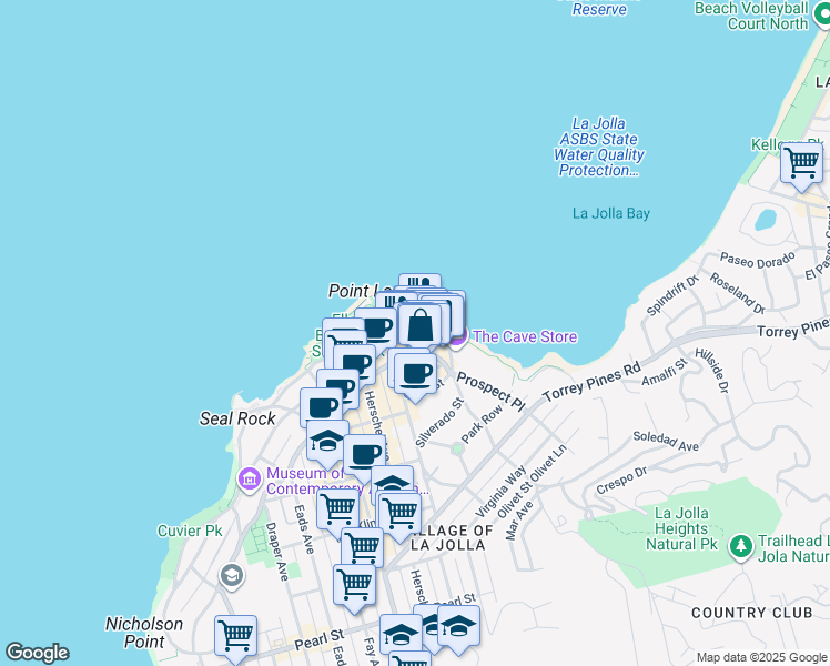 map of restaurants, bars, coffee shops, grocery stores, and more near 1235 Coast Boulevard in San Diego
