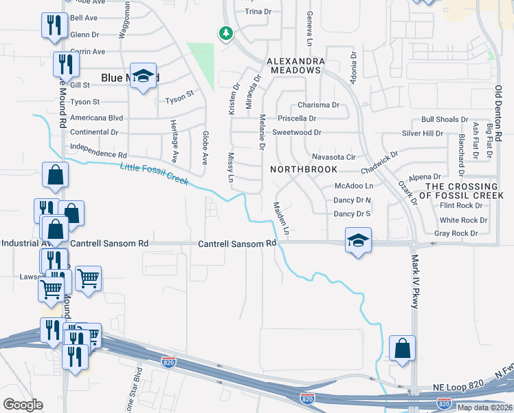 map of restaurants, bars, coffee shops, grocery stores, and more near 5824 Melanie Court in Fort Worth