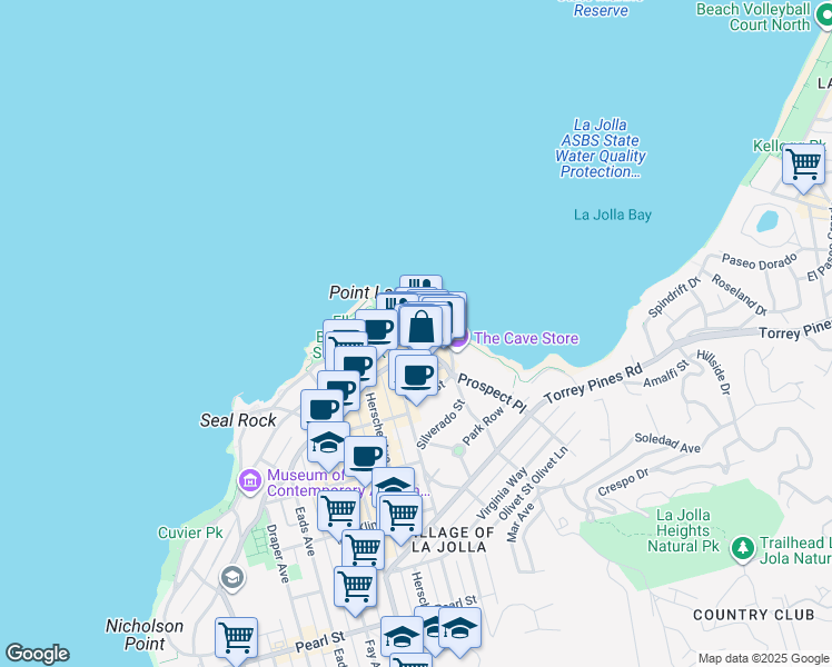map of restaurants, bars, coffee shops, grocery stores, and more near 1235 Coast Boulevard in San Diego