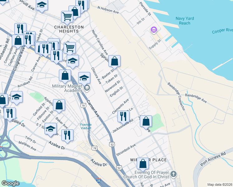 map of restaurants, bars, coffee shops, grocery stores, and more near 1911 English Street in North Charleston