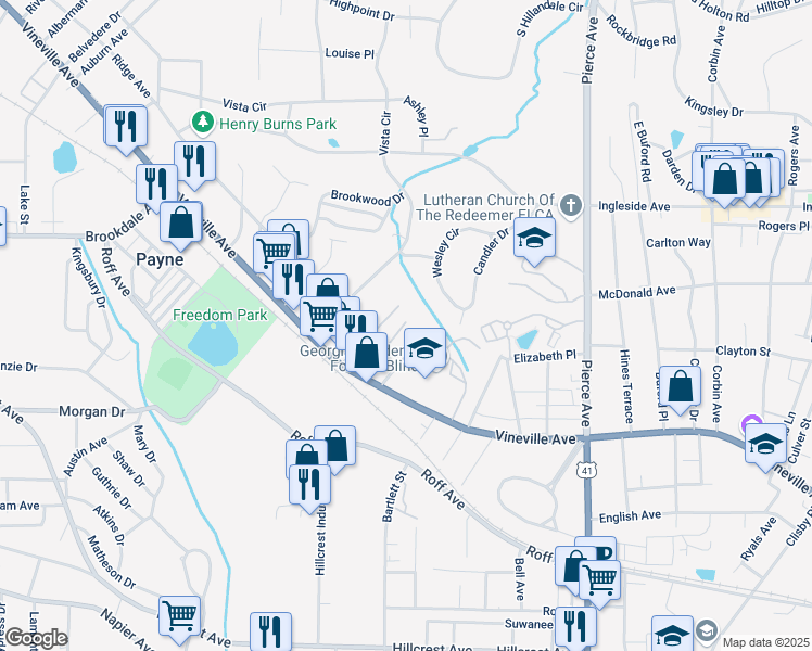 map of restaurants, bars, coffee shops, grocery stores, and more near 2981 Ridge Avenue in Macon