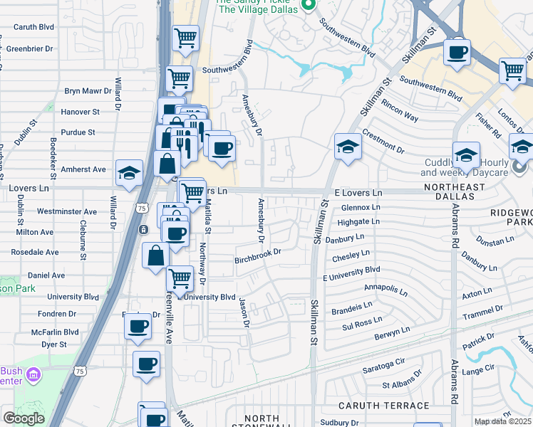 map of restaurants, bars, coffee shops, grocery stores, and more near 5138 Amesbury Drive in Dallas