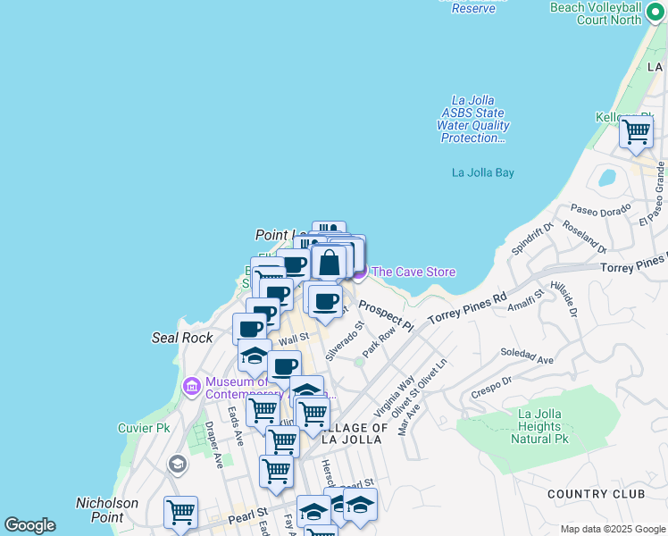 map of restaurants, bars, coffee shops, grocery stores, and more near 1235 Coast Boulevard in San Diego