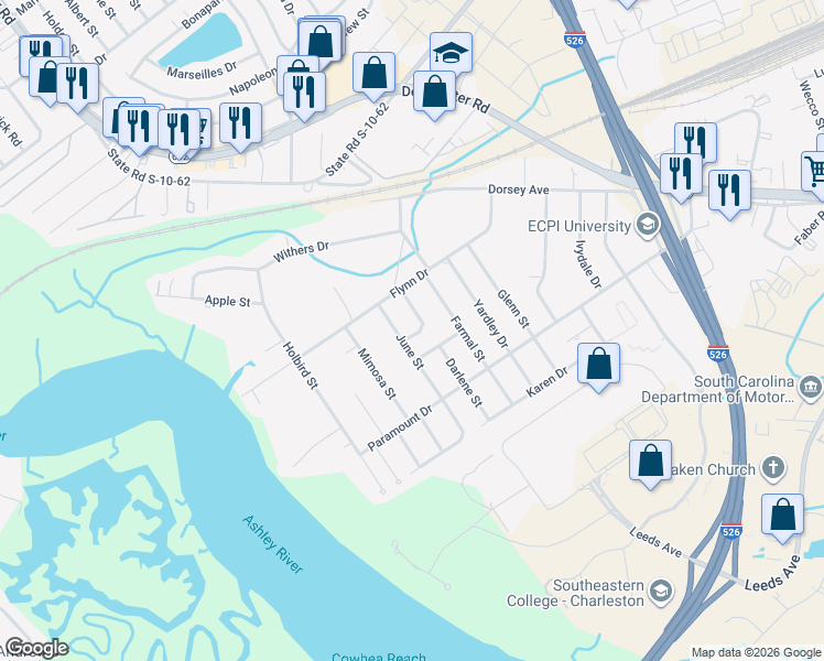 map of restaurants, bars, coffee shops, grocery stores, and more near 4768 June Street in North Charleston