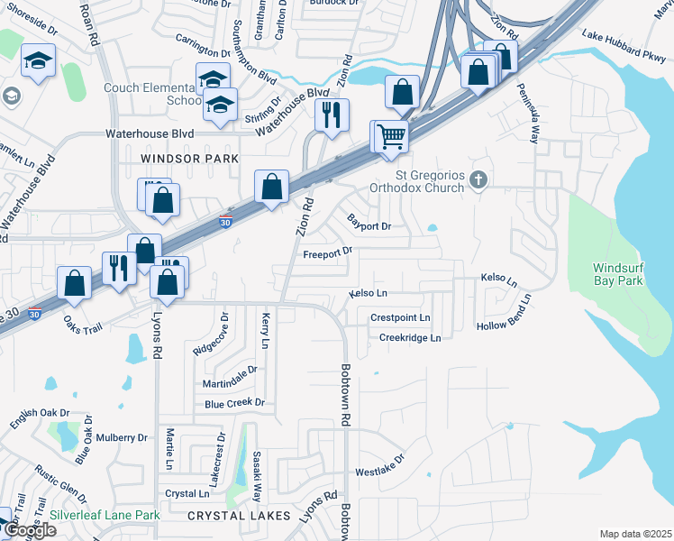 map of restaurants, bars, coffee shops, grocery stores, and more near 4613 Bridgeport Drive in Garland