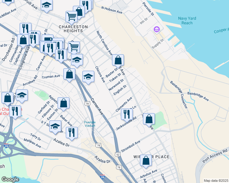 map of restaurants, bars, coffee shops, grocery stores, and more near 1932 English Street in North Charleston