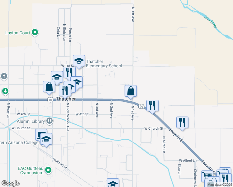 map of restaurants, bars, coffee shops, grocery stores, and more near 3136 West Main Street in Thatcher