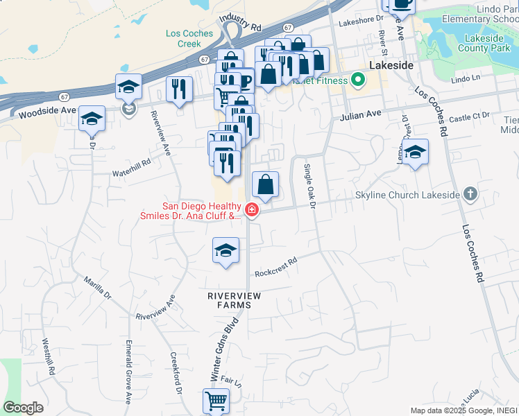 map of restaurants, bars, coffee shops, grocery stores, and more near 12118 Lemon Crest Drive in Lakeside