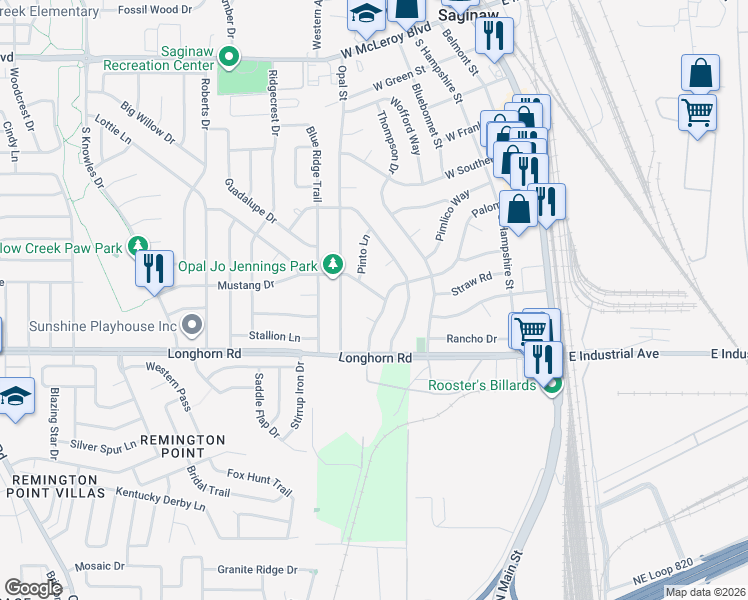 map of restaurants, bars, coffee shops, grocery stores, and more near 355 Mustang Drive in Saginaw