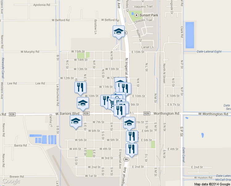 map of restaurants, bars, coffee shops, grocery stores, and more near 113 W 10th St in Imperial