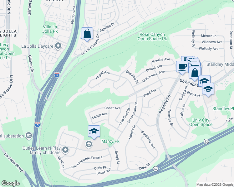 map of restaurants, bars, coffee shops, grocery stores, and more near 6126 Travers Way in San Diego