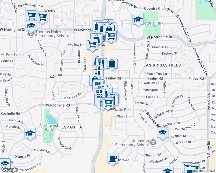 map of restaurants, bars, coffee shops, grocery stores, and more near 3325 Ridgefield Street in Irving